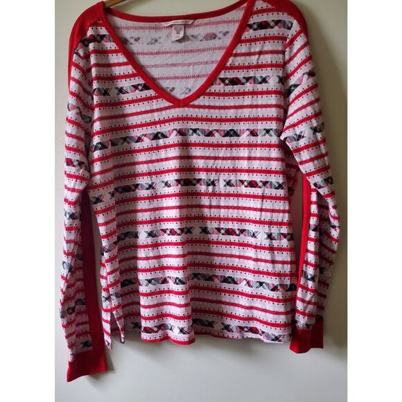 Victorias Secret Red Plaid Striped Waffle Knit T-shirt V Neck Size Large Cozy - Picture 1 of 10
